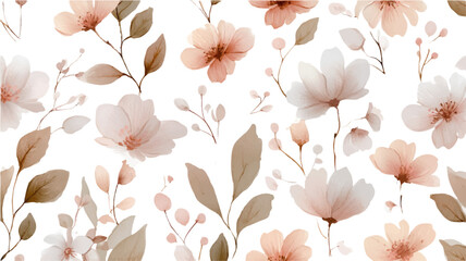 Gentle watercolor floral pattern creating a soft, natural background with artistic blossoms and botanical elements ideal for textile design, wedding invitations, or serene spring themes
