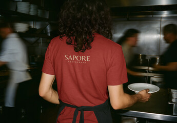 Busy Kitchen Staff Serving Meals Tshirt Mockup PSD