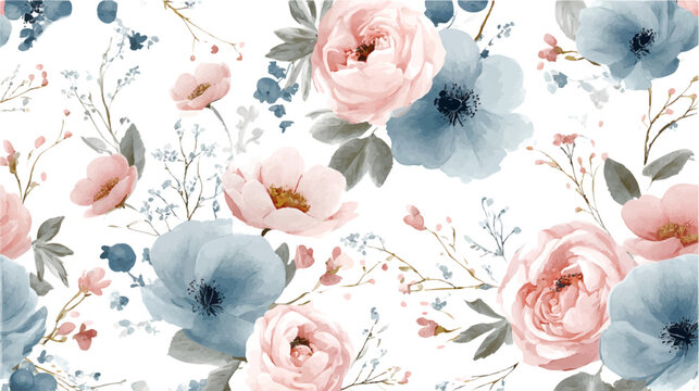 Seamless watercolor floral pattern of delicate pink roses, soft blue anemones and subtle green leaves with tiny botanical accents on a clean white background, ideal for textiles