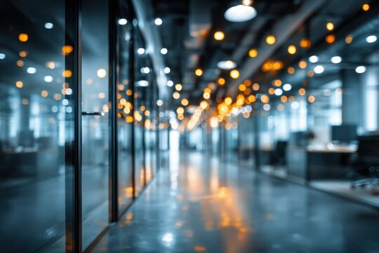 Blurred modern office interior showcases an expansive hall with meeting rooms, reflecting light from ceiling lamps, providing a backdrop for various business concepts
