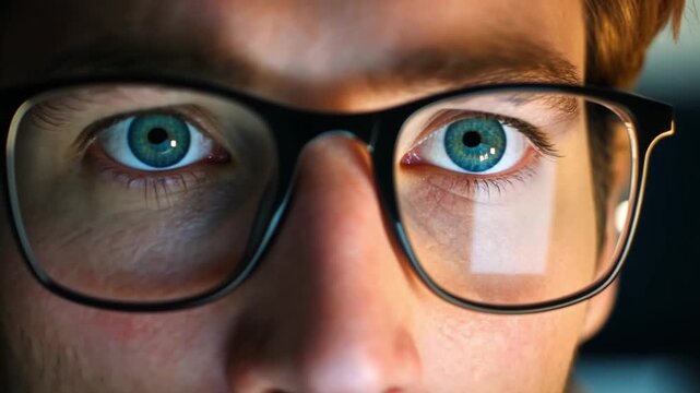 Intense Gaze: A close-up shot of a person's eyes, focused and intense behind a pair of glasses. The eyes captivate with their depth and focus.
