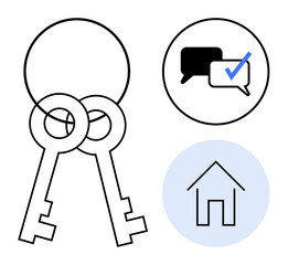 Two keys interlinked, speech bubbles with a checkmark, and a house outline. Ideal for real estate, home security, communication, agreements, trust property decision-making. Simple flat metaphor
