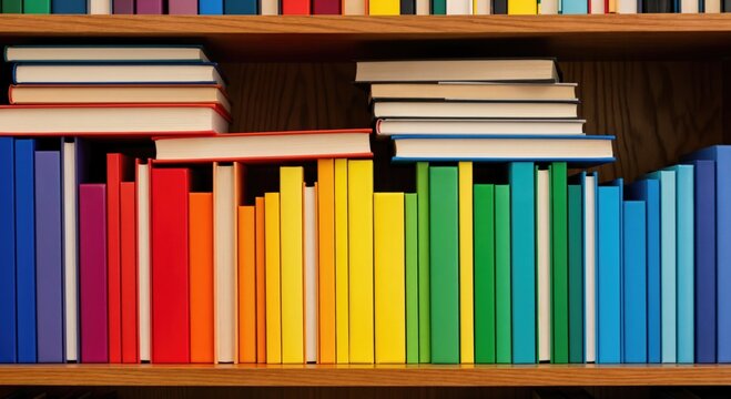 Vibrant rainbow colored books neatly organized on a wooden bookshelf, creating a colorful and educational display.