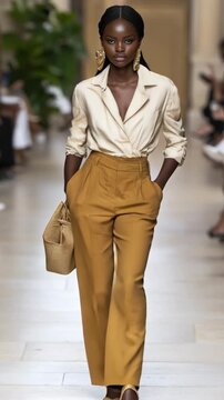 An African model walks the runway at a fashion show. She wears a beige shirt and mustard-colored trousers, carrying a bag during Milan Fashion Week