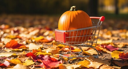 Miniature shopping cart holding a vibrant orange pumpkin, surrounded by a carpet of colorful autumn leaves on a sunny fall day, symbolizing seasonal harvest and shopping.