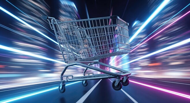 Modern Shopping Cart in Urban Night Scene with Motion Blur and Neon Lights