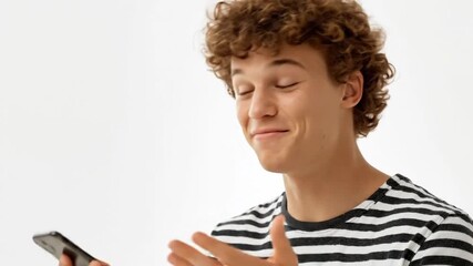 A cheerful young male with vibrant curly hair is captured mid-conversation, holding a generic smartphone to his ear while smiling and laughing heartily. His face radiates genuine happiness and engagem