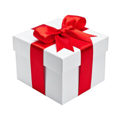 Wrapped Surprise: A pristine, white gift box, elegantly adorned with a vibrant red bow, symbolizing the excitement of anticipation and the joy of gifting.