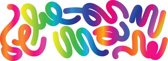 Colorful wavy text graphic with playful gradient colors and abstract shapes background