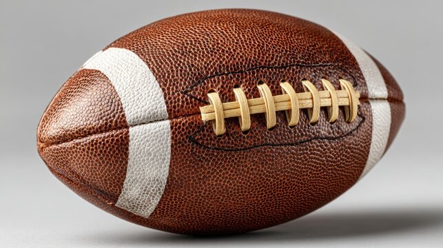 American football resting on a bright white surface showcasing its laces, textured leather, and stripes for design and advertising related to American Football