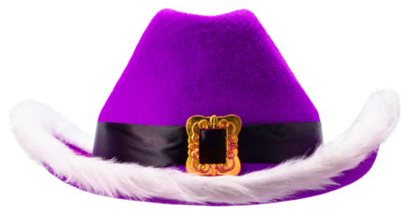 Purple cowboy hat with white furry trim and gold buckle ideal for a Christmas party on white background PNG File.