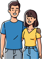 Cartoon friends standing together, smiling young man and woman, arm around shoulder, casual outfit, friendly bond, vector illustration, white background