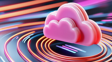 Pink cloud icon digital swirl neon light futuristic technology data storage abstract background glowing vibrant 3D illustration modern creative concept
