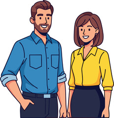 Naklejka premium Cartoon man and woman standing together, smiling characters, casual business attire, vector illustration, friendly pose, office people, professional look, teamwork concept