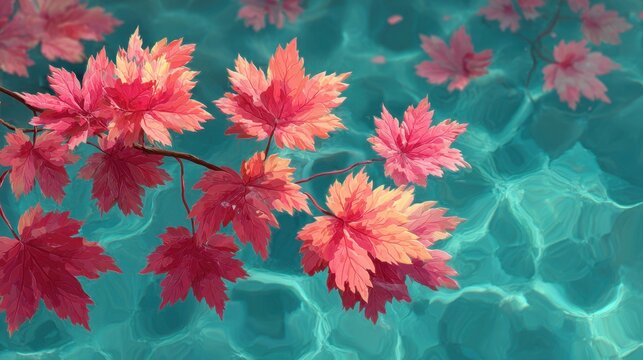 Red maple leaves float on teal water, creating ripples and shadows on a sunny autumn day, serene natural scene