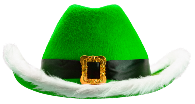 Green cowboy hat with white furry trim and gold buckle ideal for a Christmas party on white background PNG File.