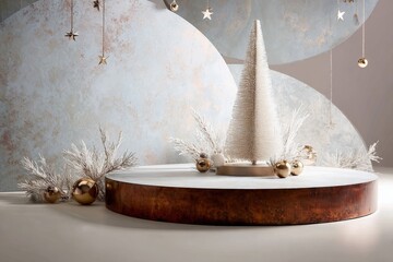 Minimalist holiday display features a frosted bottle brush tree on a circular pedestal with metallic accents