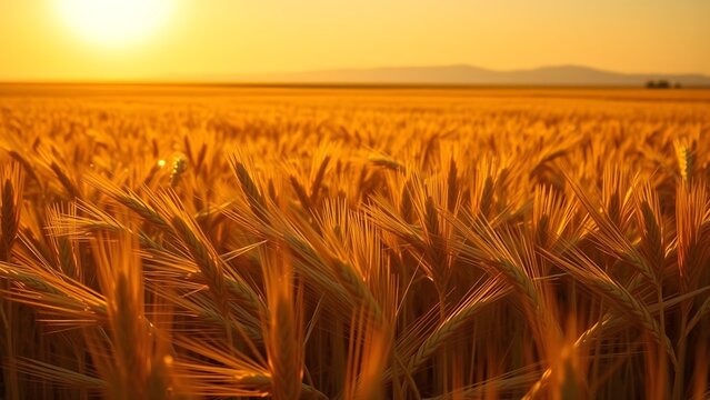 Golden wheat field at sunset, a breathtaking agricultural landscape bathed in warm sunlight with rolling hills in the distance