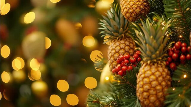 Christmas tree branches adorned with pineapples and red berries, illuminated by warm bokeh lights, evoke a tropical holiday spirit video 4k