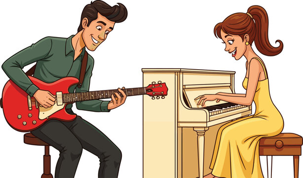 Cartoon musicians playing guitar and piano, joyful duet performance, musical harmony, indoor scene, vector illustration, creative expression, white background