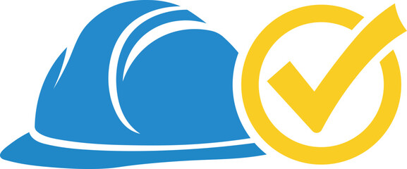 Blue hard hat with yellow check mark symbol safety construction protection