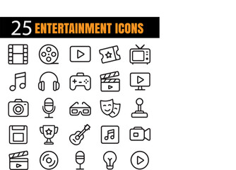 Modern Entertainment Vector Set | Minimal Outline Icons Collection | Creative Media and Fun Symbols | Flat Design Leisure Illustrations | Editable Line Art for Stock