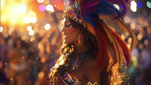 Brazilian samba dancer wearing vibrant feathered headdress, performing energetic dance moves during festive carnival celebration video 4k