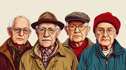 Group portrait illustration of four elderly men standing together. Senior friends and retirees with hats and glasses looking at the camera