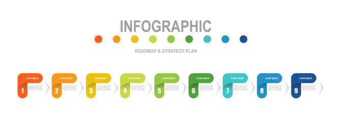 For business concept with 9 steps infographics,  shape with multicolor label, design for workflow layout, diagram, annual report, web design. vector illustration