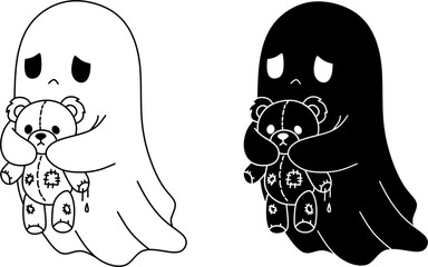 Ghost Flying Holding Worn Bear. Cute Sad Character Halloween Lineart