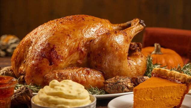 Close-Up of Traditional Thanksgiving Turkey and Side Dishes on Rustic Table	