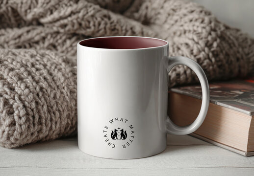 Cozy Mug Mockup Beside Knitted Blanket PSD