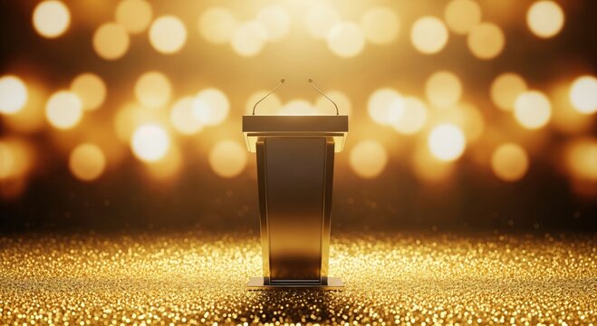 Elegant Podium on a Dazzling Stage with Golden Lights and Sparkles Ideal for Presentations and Awards Ceremonies