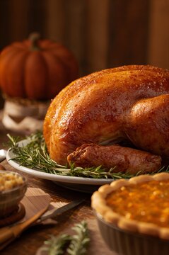 Close-Up of Traditional Thanksgiving Turkey and Side Dishes on Rustic Table	
