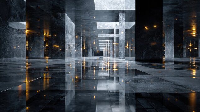 Abstract futuristic glass structure with dark background showcasing light trails and a reflective surface in a high quality render