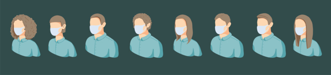 Fototapeta premium Set of people in mask, avatars in medical masks. Flu period
