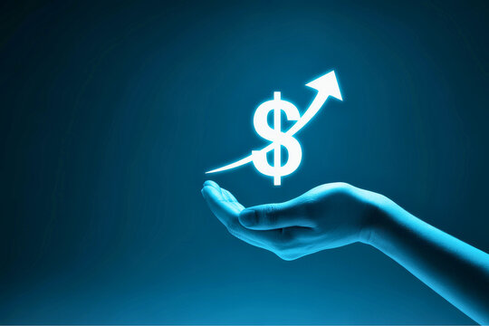 A hand holding a dollar sign with an arrow pointing upwards in blue light