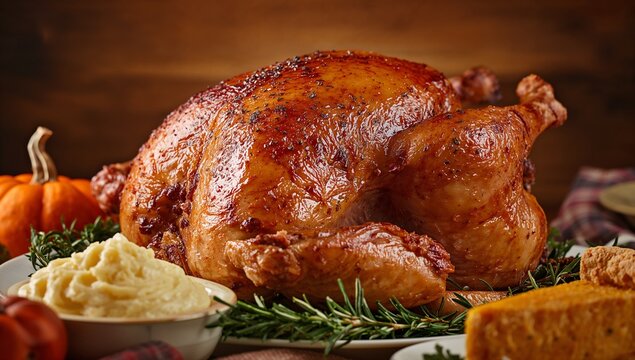 Close-Up of Traditional Thanksgiving Turkey and Side Dishes on Rustic Table	