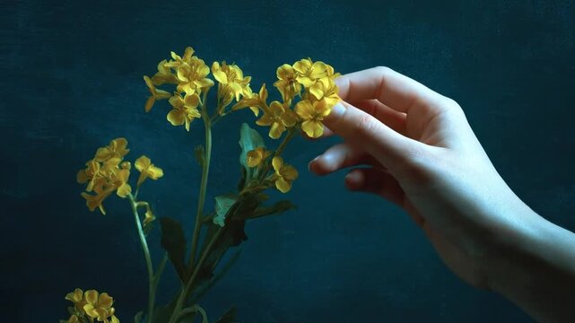 A close-up shot captures a delicate interaction as a human hand gently touches the vibrant yellow blossoms of a flowering plant. The rich emerald green stems and lush leaves provide a beautiful contra