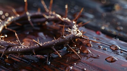 Close-up of brown twigs with water droplets on a dark wooden surface, highlighting natural texture and moisture.