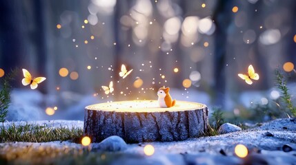 A small, cute fox figurine is perched on a tree stump that emits a warm glow, with several butterflies fluttering around it in a forest setting.