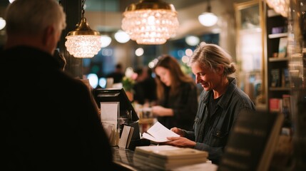 Woman enjoys reading a book while working at a cozy cafe during evening hours