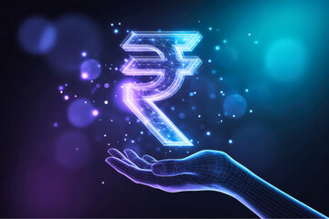 Digital hand presenting a glowing rupee symbol with bokeh background