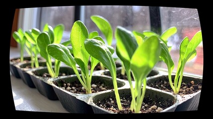 Young green plant seedlings are growing in a tray on a windowsill, backlit by sunlight.