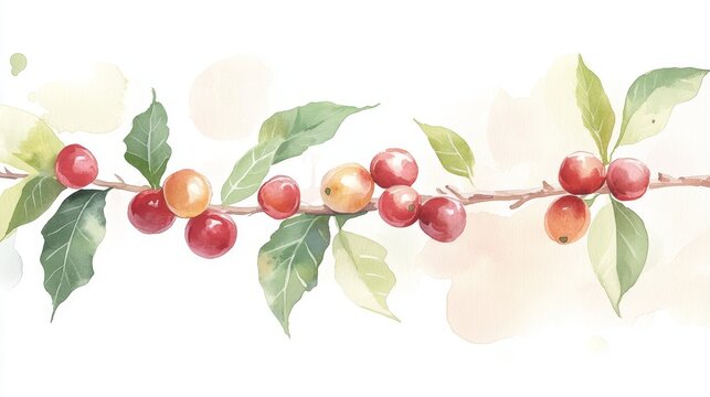 104.A botanical watercolor depiction of coffee tree branches, each branch heavy with ripe red coffee cherries, contrasted against a light background of muted green leaves and soft watercolor