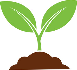 Green sprout with two leaves emerging from brown soil graphic plant growth
