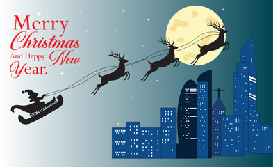 Merry christmas - Santa's sleigh on city skyline at night on moon background. - stock illustration