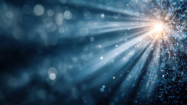 Bright light rays bursting through dark water with sparkling bubbles and bokeh effects