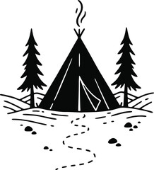Tent silhouette in wilderness landscape symbolizing camping