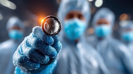 A gloved hand holds a small, metallic object, possibly a component or sample, in front of blurred figures wearing protective suits and masks.